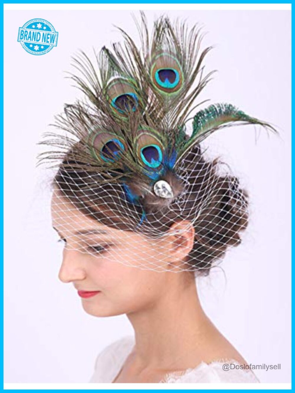 Peacock Feather Fascinator Hair Clip with Rhinestone Veil